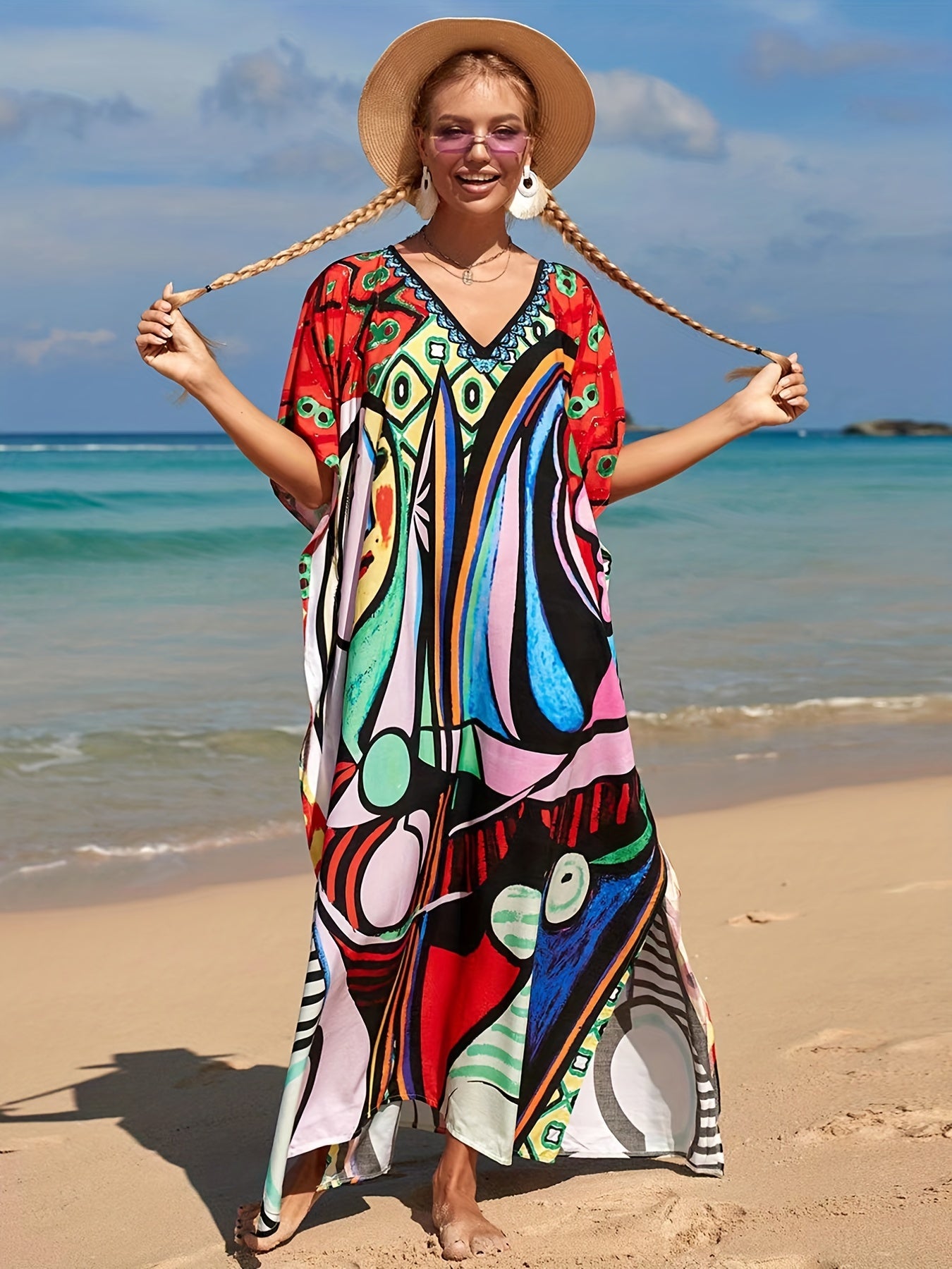 Colorful Abstract Art V Neck Cover Up Dress Kaftan