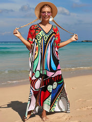 Colorful Abstract Art V Neck Cover Up Dress Kaftan