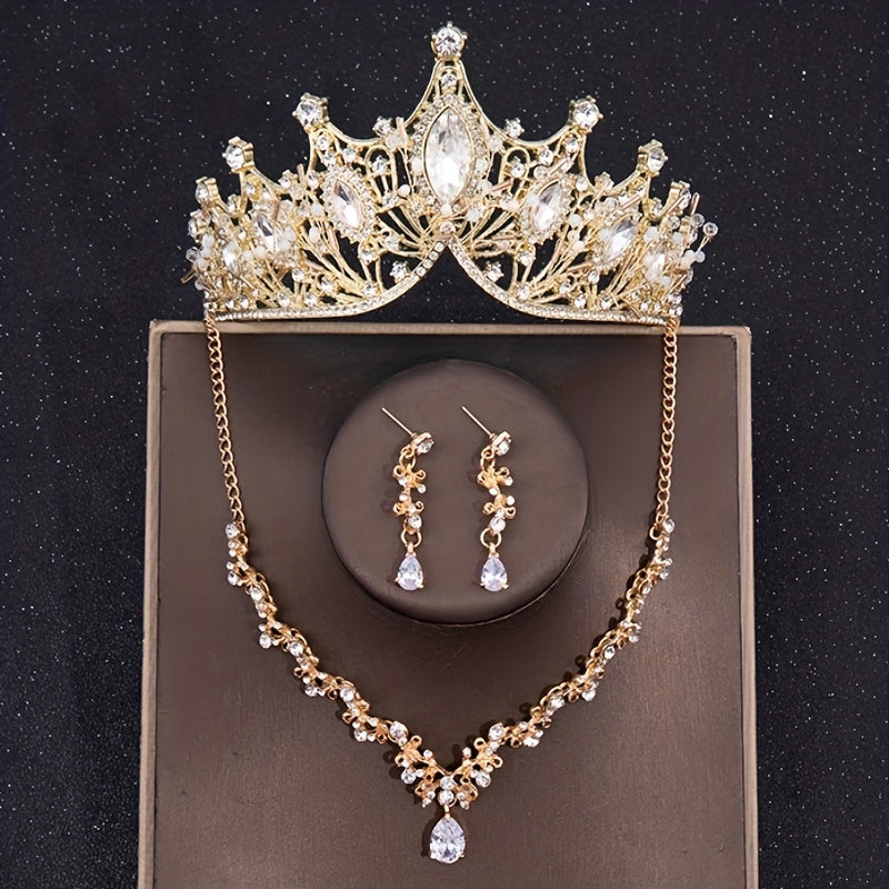 Baroque Crystal Bridal Head Jewelry Set - Tiara Crown Earring Necklace