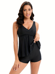 Solid V Neck Tankini Sets High Stretch Boxer Short Bottom Two Pieces Swimsuit