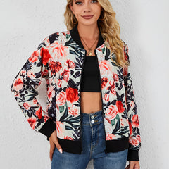 Vintage Floral Print Zipper Jacket Casual Long Sleeve Loose Outerwear