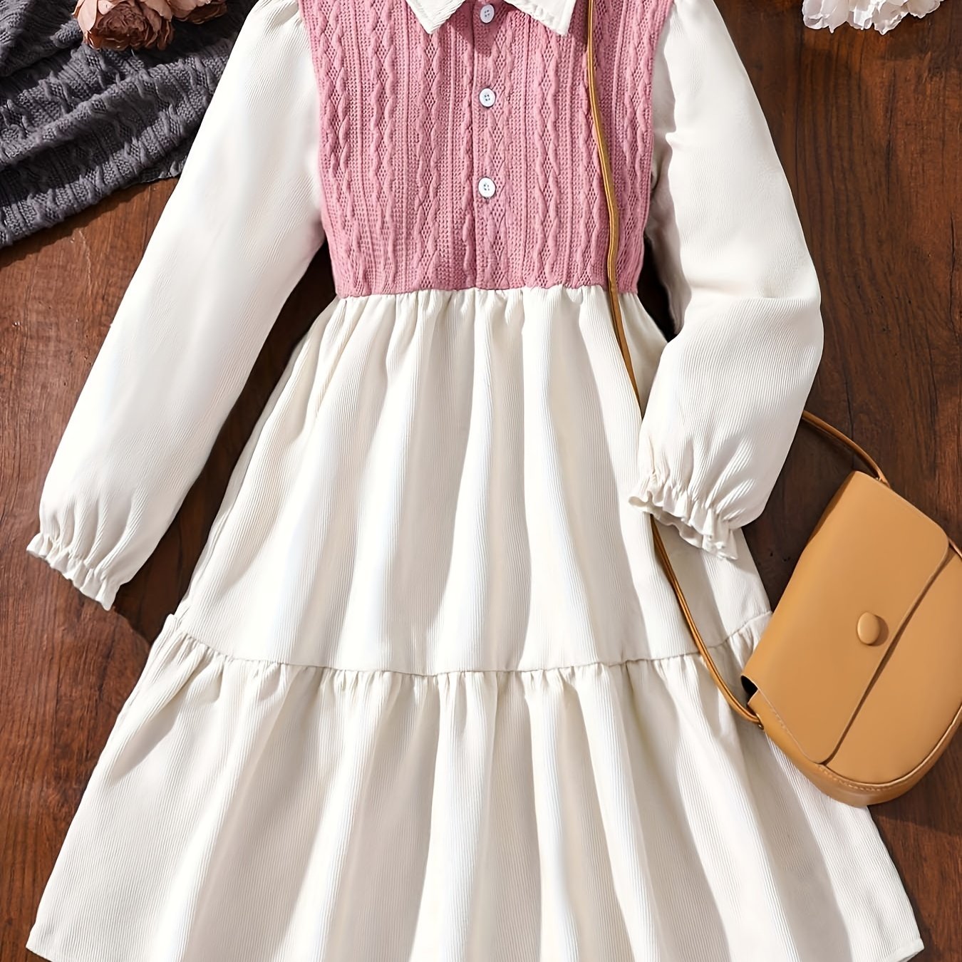 Girls' Colorblock Stitching Button Collar Long Sleeve Casual Dress