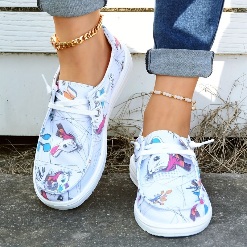 Women's Rabbit Print Loafers Lace Up Canvas Shoes