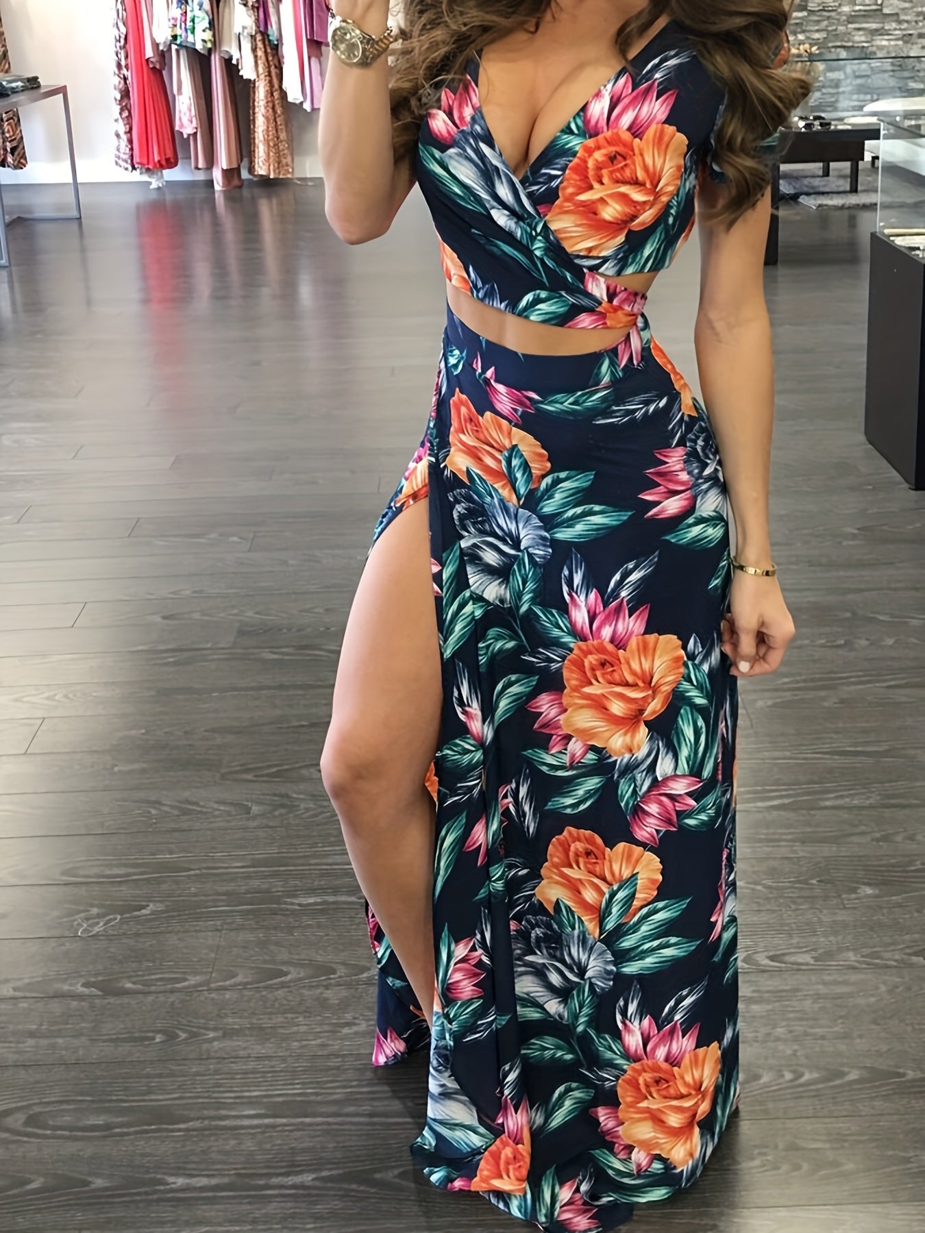 Floral Print Two piece Skirt Set V neck Crop Top & Split Skirt