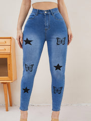 Women's Butterfly Star Print High Stretch Skinny Jeans