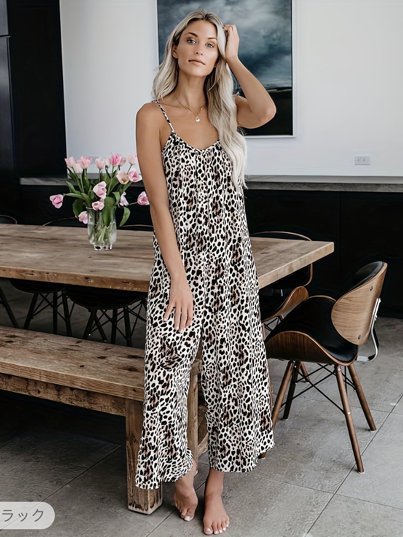 Leopard Print Wide Leg Jumpsuit Sleeveless Casual Jumpsuit