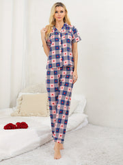 Heart Print Lounge Set Short Sleeve Button Up Top & Elastic Waistband Pants