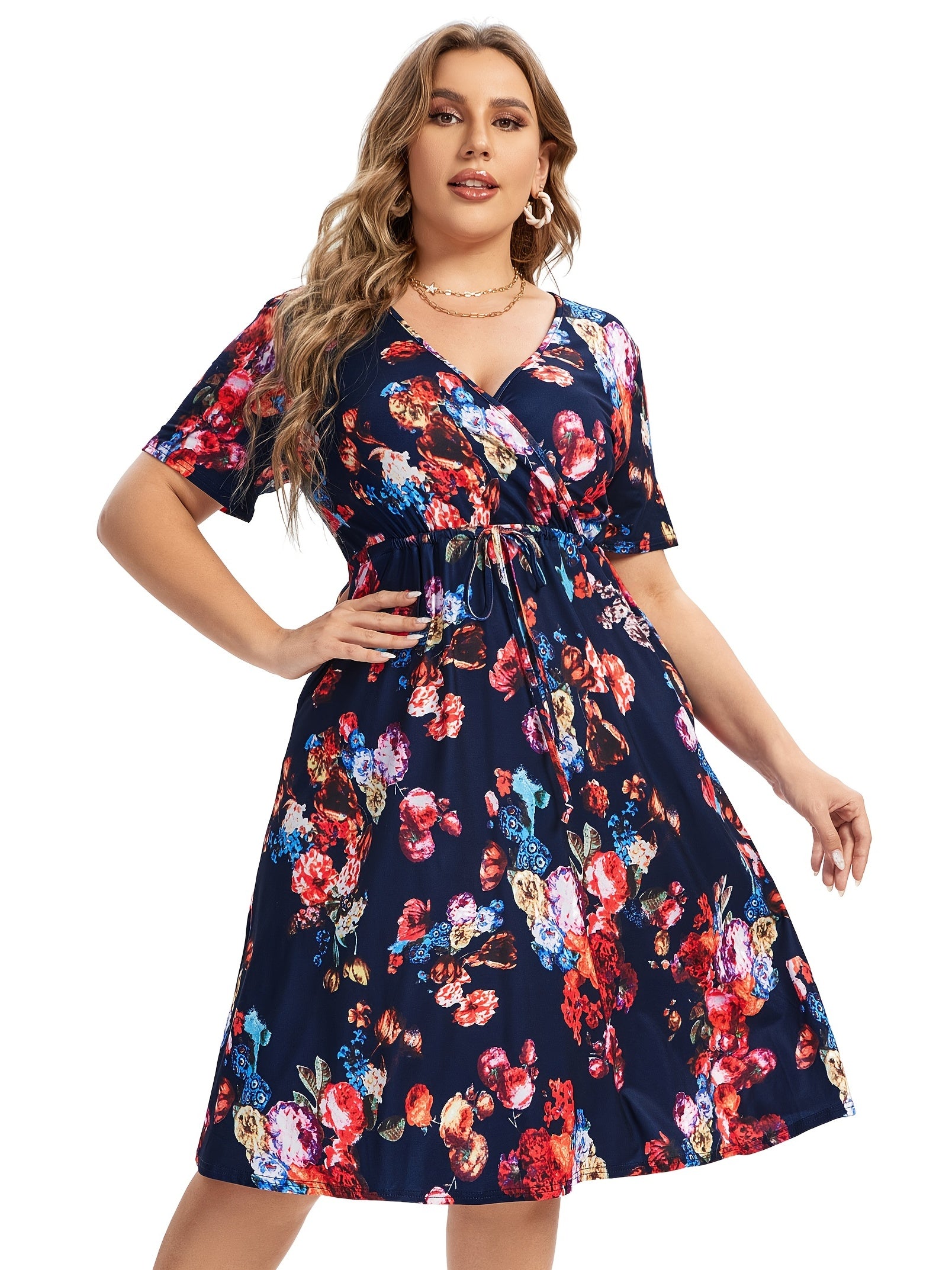 Floral Print V Neck Dress with Drawstring