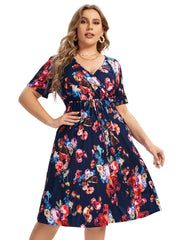 Floral Print V Neck Dress with Drawstring
