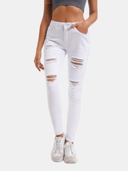 Ripped Holes Skinny Jeans Slim Fit Slash Pockets Slight Stretch Casual Denim Pan