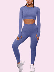 Seamless Workout Set - Long Sleeve Crop Top & High Waisted Leggings