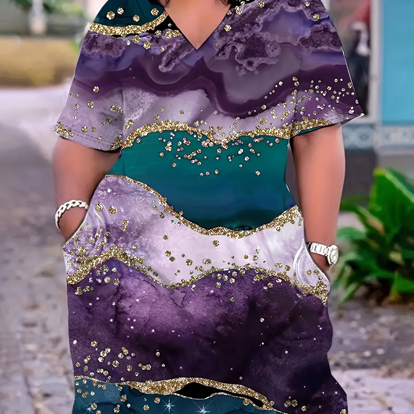Marble Print Short Sleeve Midi Dress With Pockets