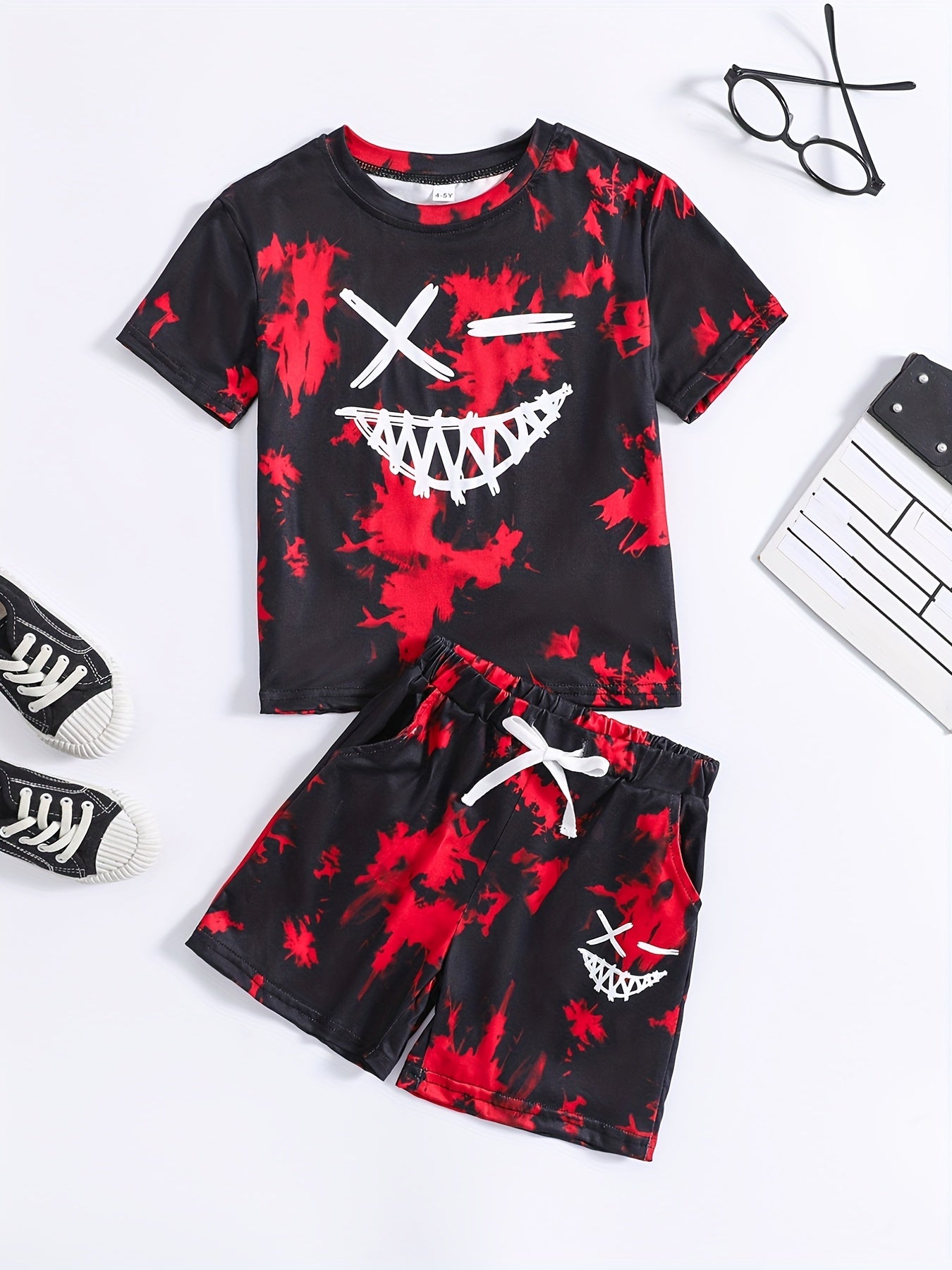 Boys Face Graphic Outfit Round Neck T shirt & Shorts For Summer Kids Clothes