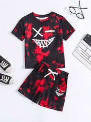 Boys Face Graphic Outfit Round Neck T shirt & Shorts For Summer Kids Clothes