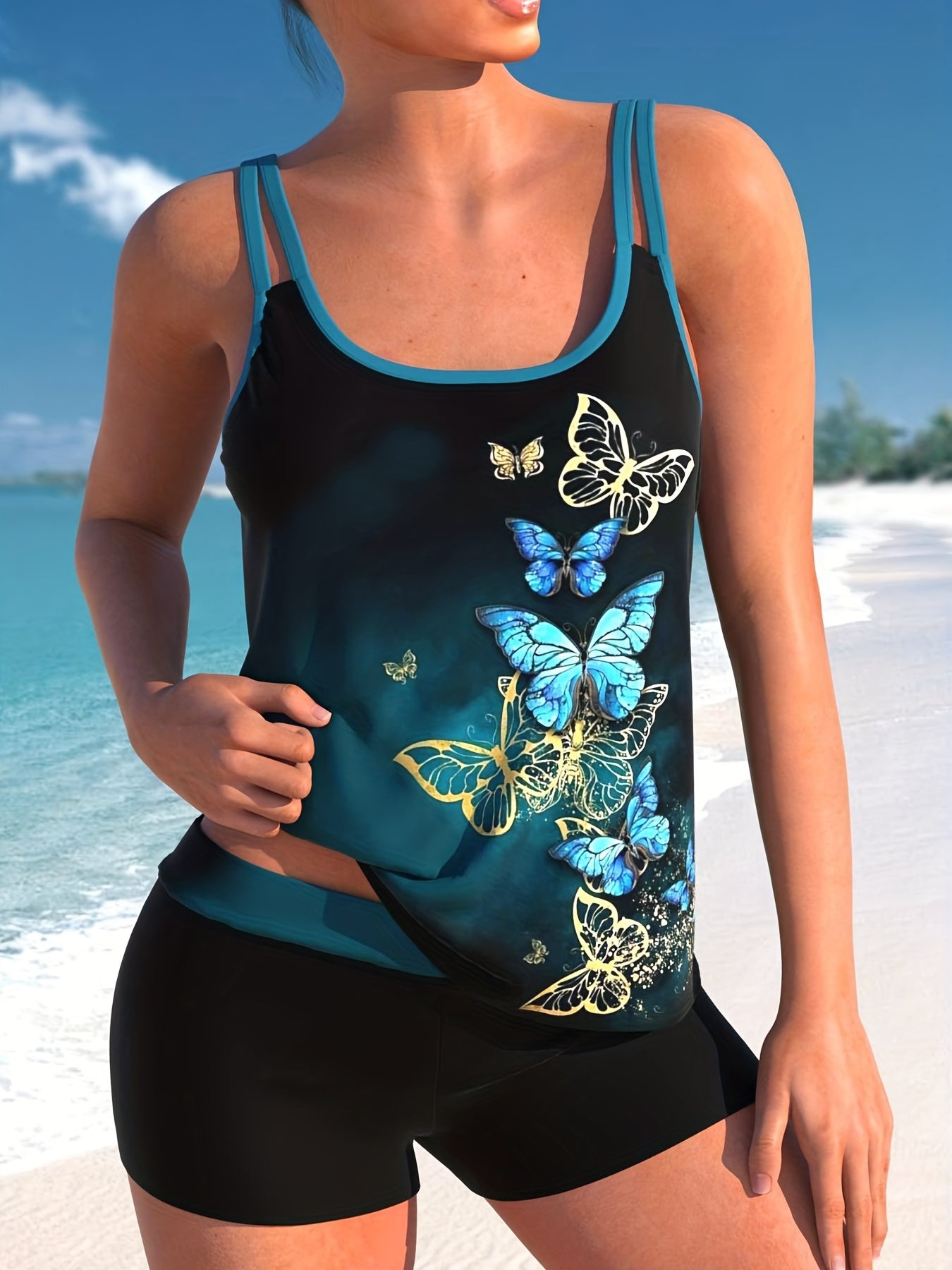 Tie Dye & Butterfly Print Tankini Set Women's Two Piece Swimsuit