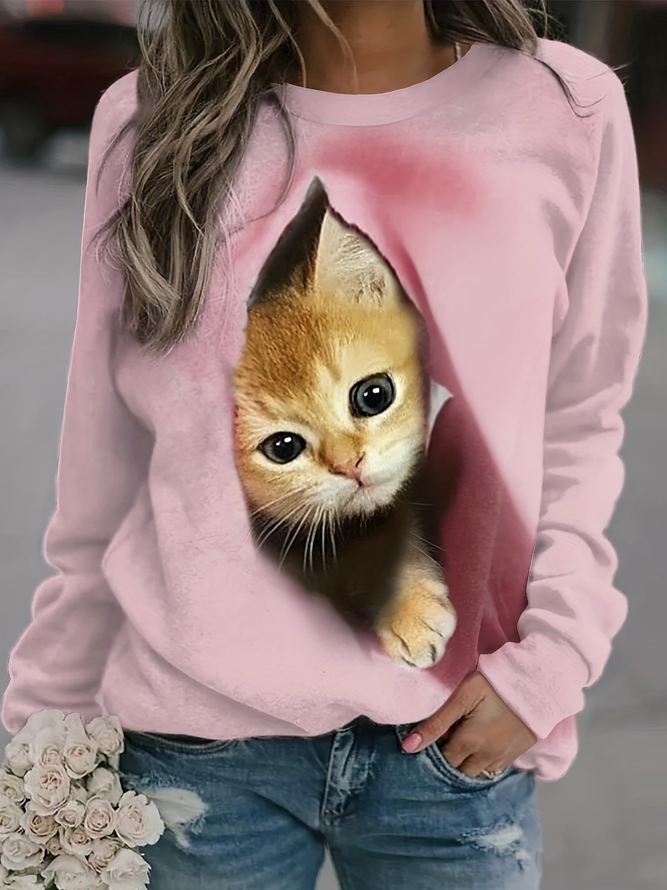 Cat Print Pullover Sweatshirt Long Sleeve Crew Neck Sweatshirt