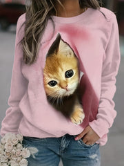 Cat Print Pullover Sweatshirt Long Sleeve Crew Neck Sweatshirt
