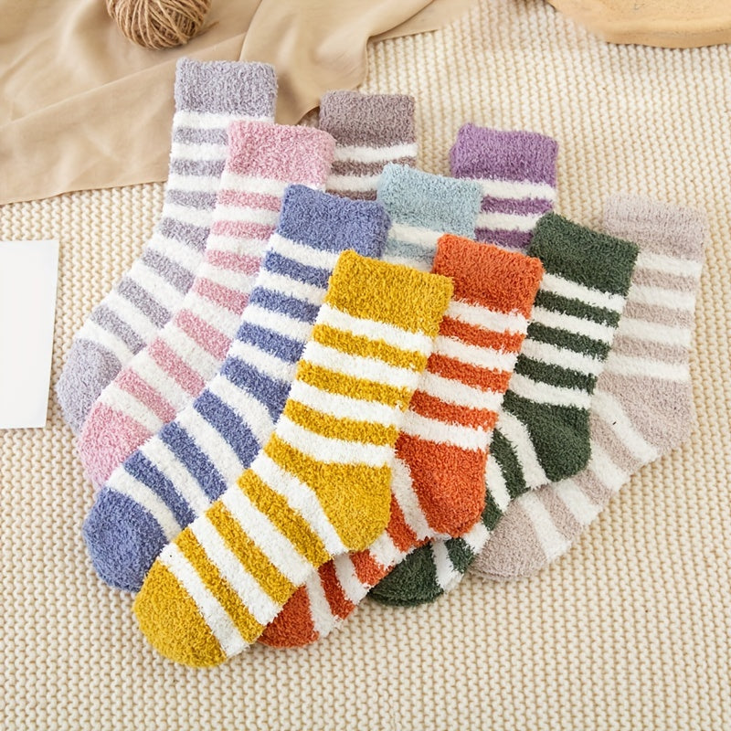 5 Pairs Striped Fuzzy Socks Comfy & Warm Mid Tube Women's Stockings
