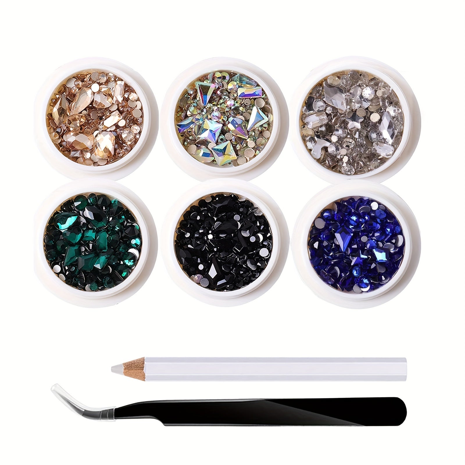 6 Boxes Nail Art Rhinestones Set with Drill Pen and Tweezers
