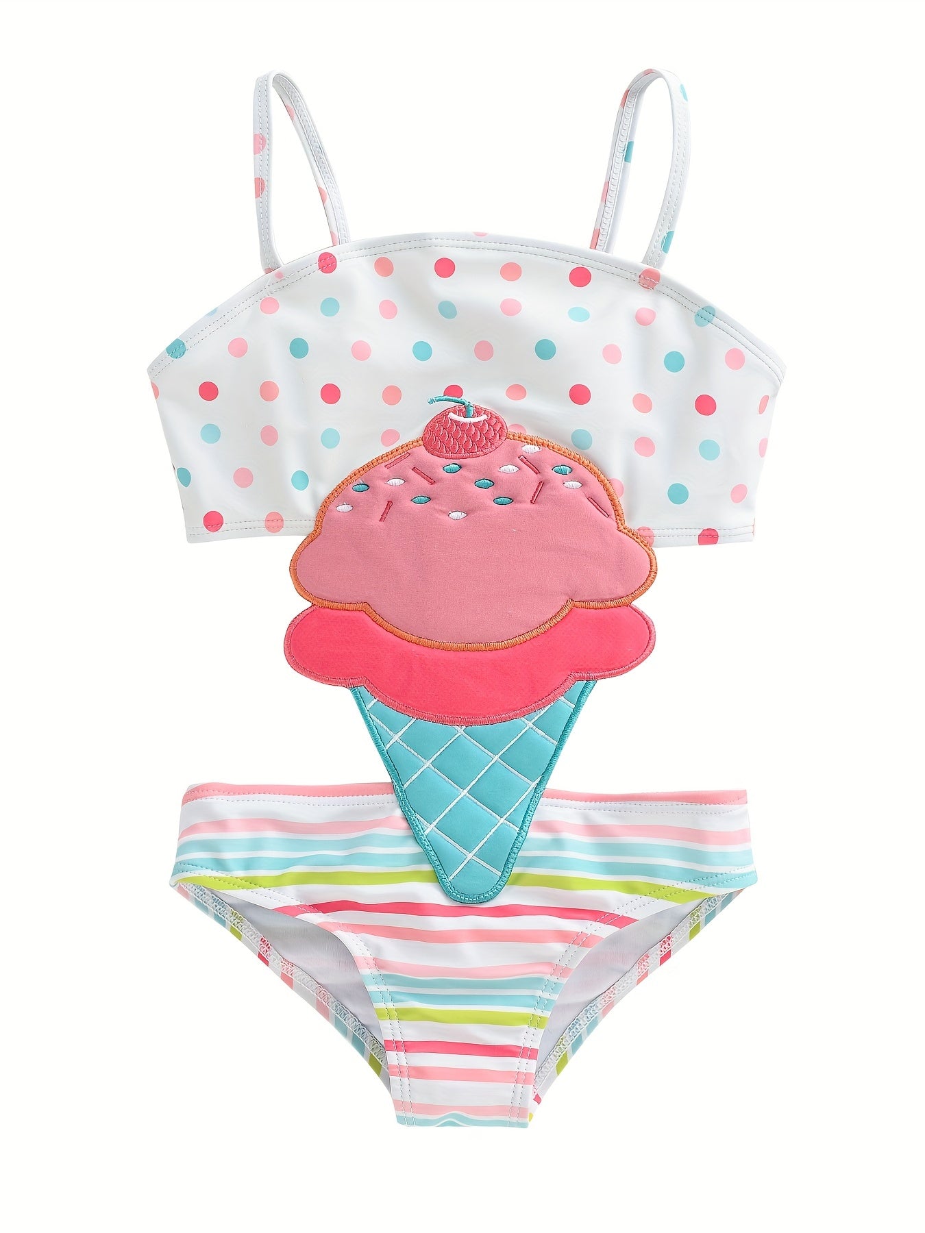 Girls Ice Cream Embroidery Cut Out Swimsuit