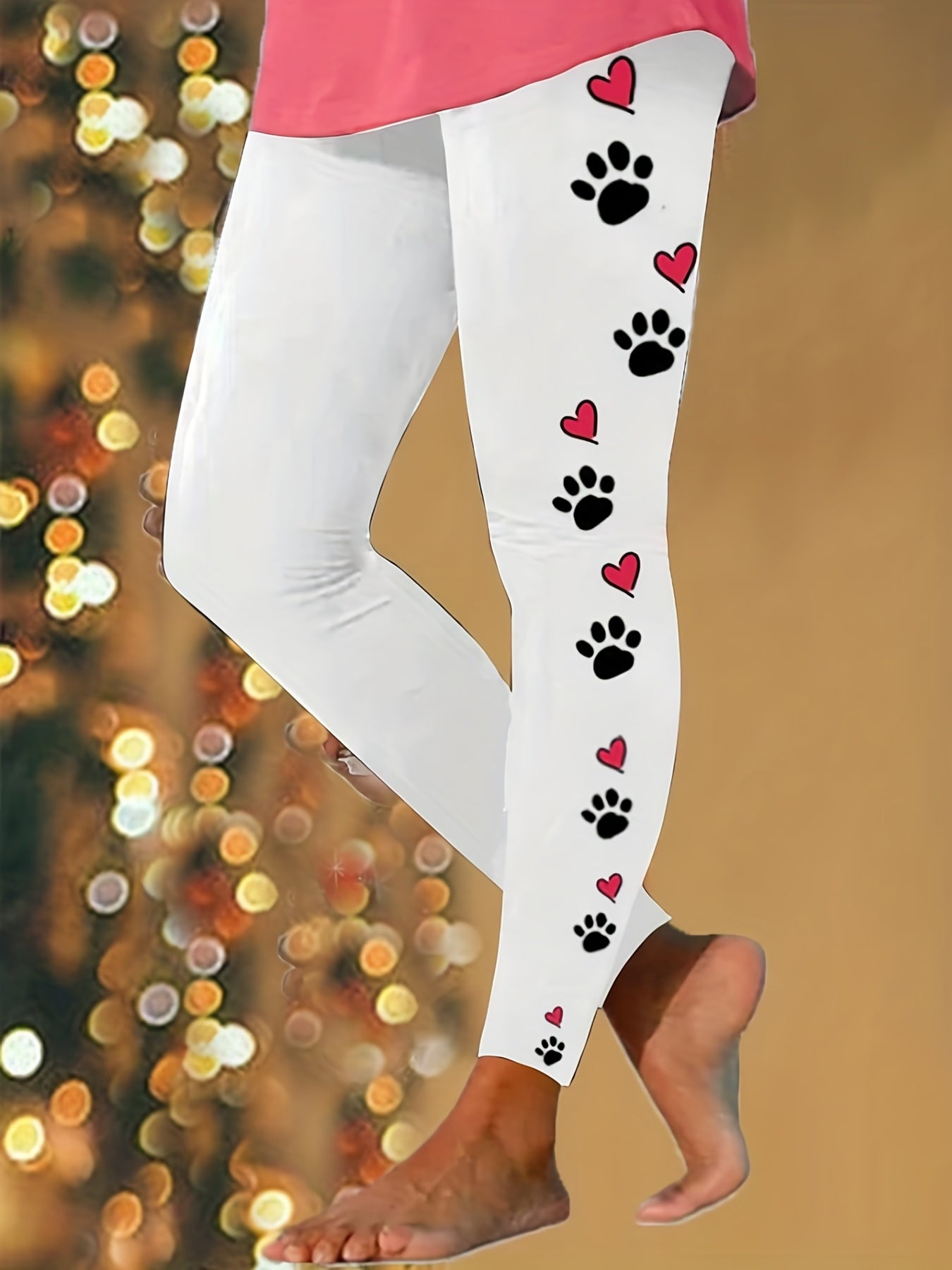 Heart & Paw Print Leggings High Waist Skinny All Season Women's Clothing