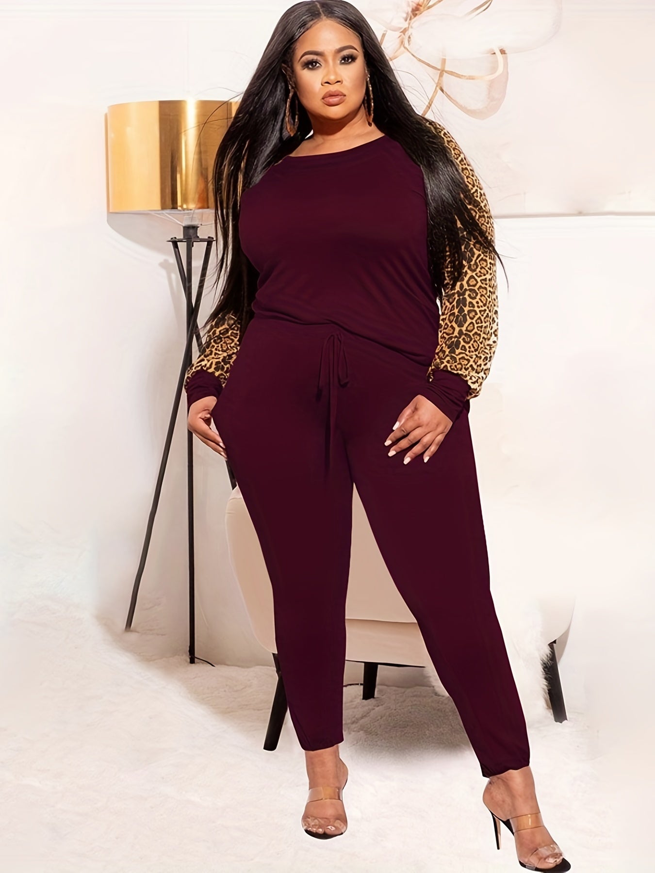 Colorblock Leopard Print Top & Leggings Set