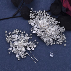Silvery Flower Hair Comb and Rhinestone Hair Clip Set - Bridal Headwear
