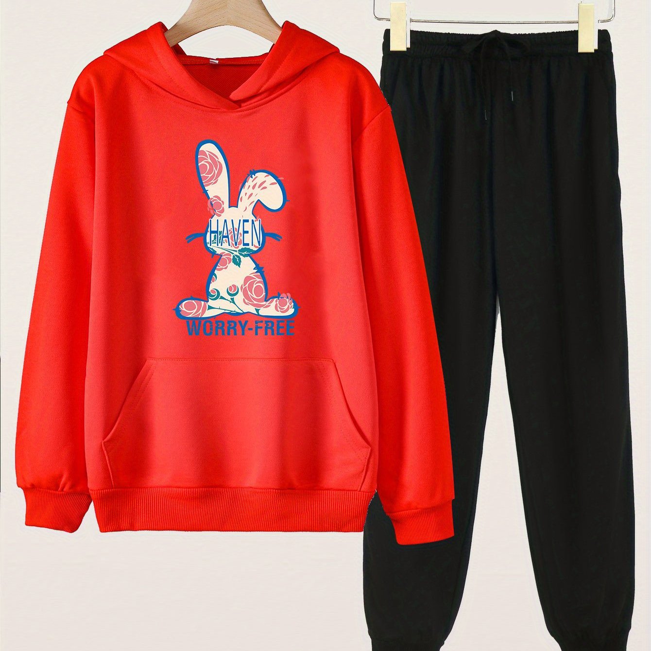 2pcs Cartoon Rabbit Print Girls Hoodie & Sweatpants Set for Kids