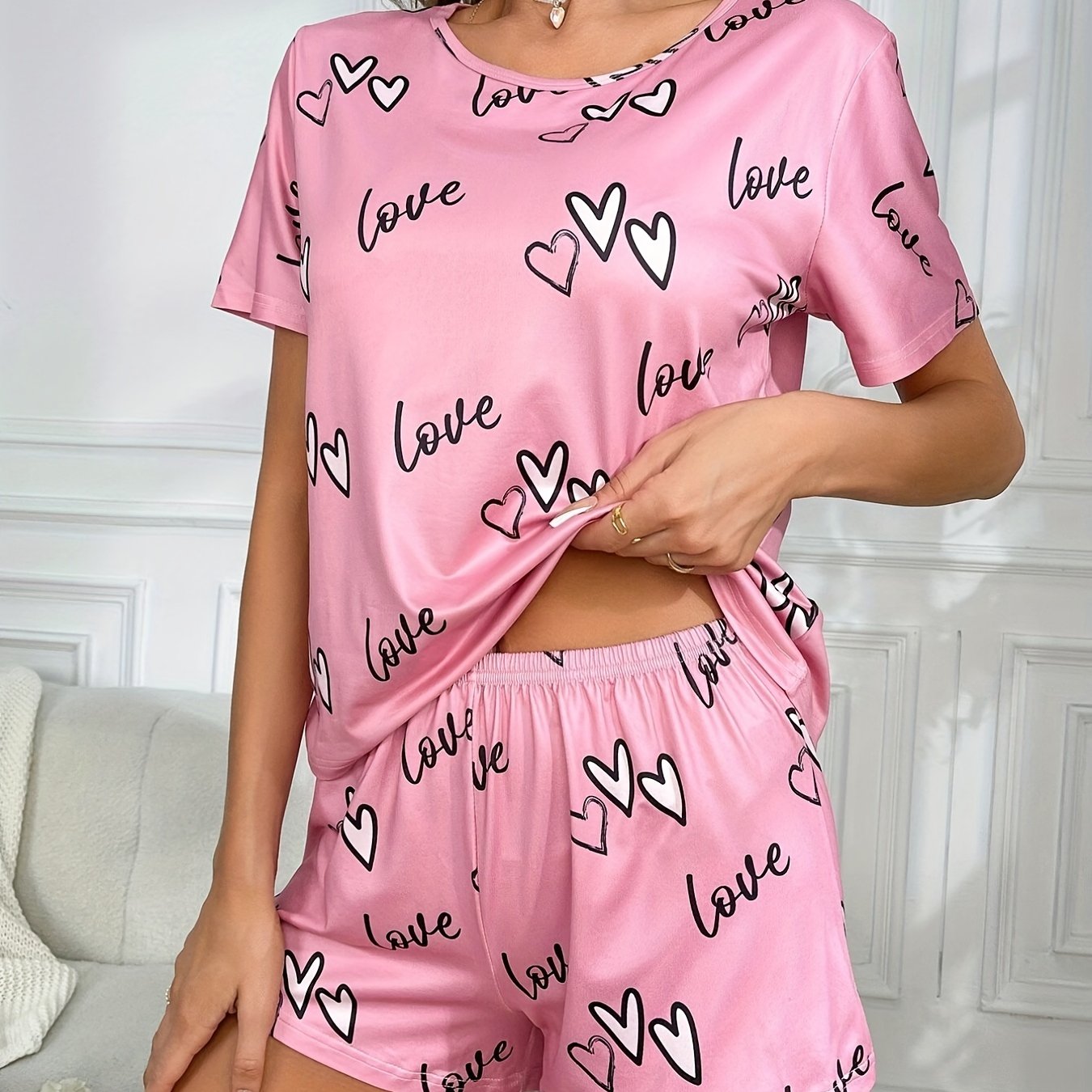 Heart Print Lounge Set Crew Neck Short Sleeve Top & Elastic Waistband Shorts