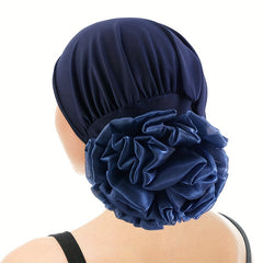 Navy Elastic Turban Hat 3D Flower Pleated Chemo Cap Head Wrap Bonnet
