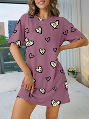 Heart Print NightDress Short Sleeve Crew Neck Pajama Dress Women