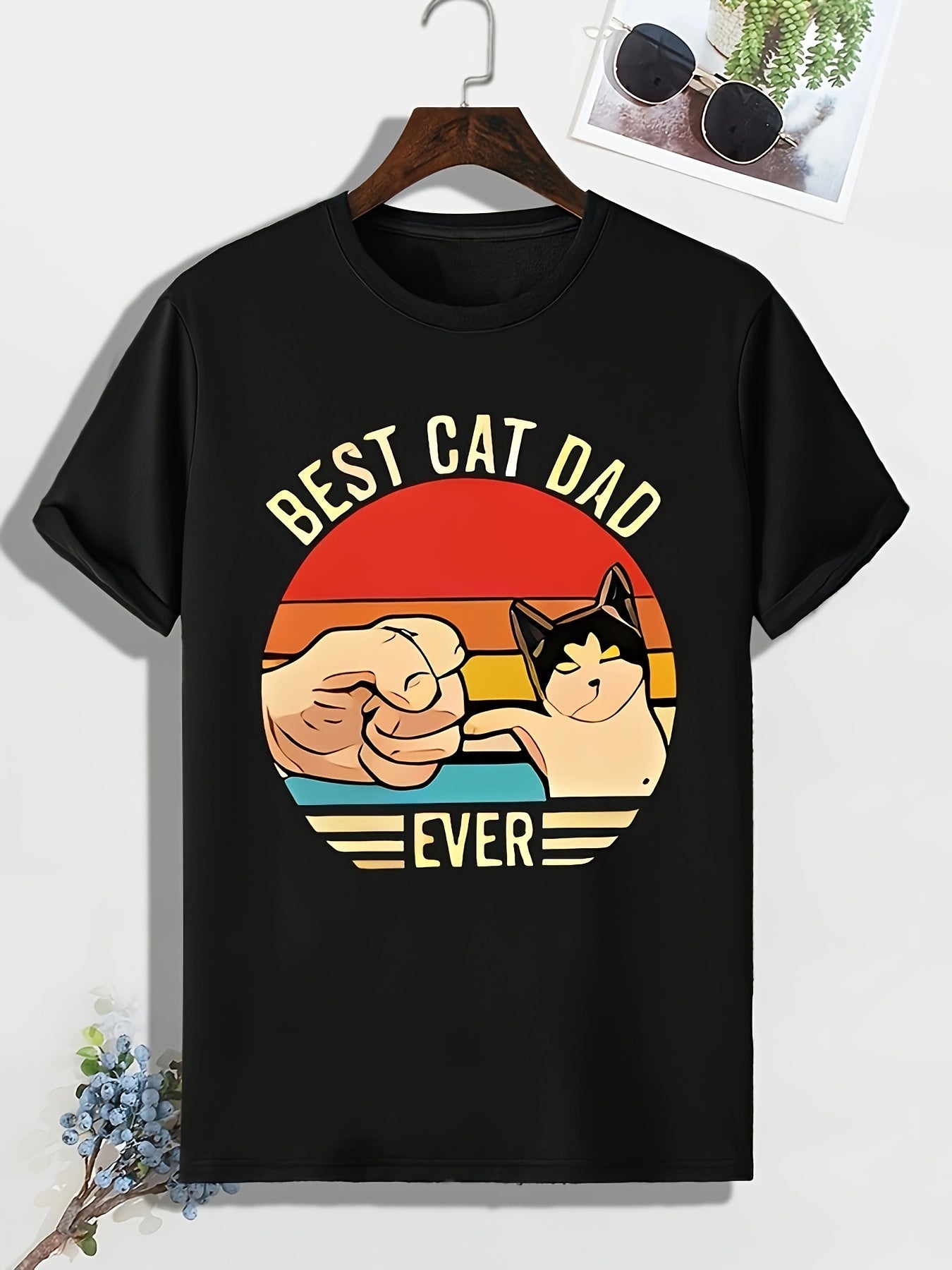 Men's Cartoon Cat Print T shirt Casual Comfy Crew Neck Tee