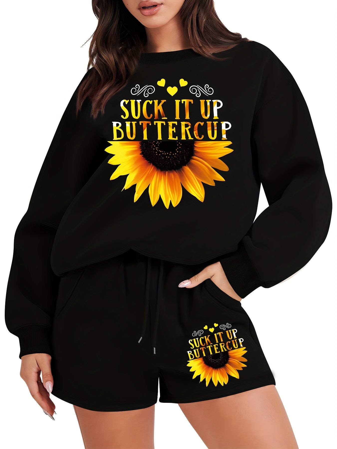 Sunflower Print Long Sleeve Sweatshirt & Shorts Set