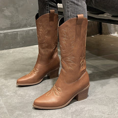 Women's Embroidered Western Boots Pointed Toe Cowgirl Mid Calf Boots