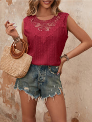 Eyelet Lace Patched Blouse Sleeveless Crew Neck Women's Clothing
