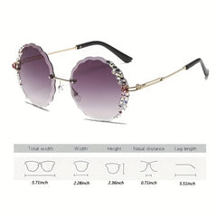 Rhinestone Decor Rimless Sunglasses Gradient Lens Flower Shaped Round Glasses