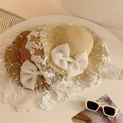 French Style Sun Hat Lace Bowknot Wide Brim Straw Hat Classic UV Protection