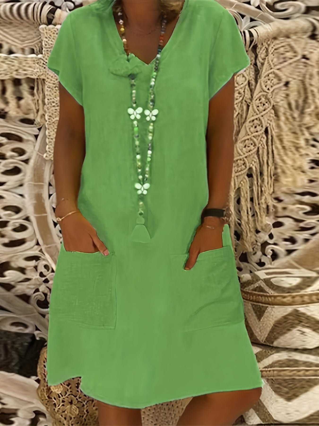 Solid V Neck Dress Casual Short Sleeve Summer Dress Women's Clothing