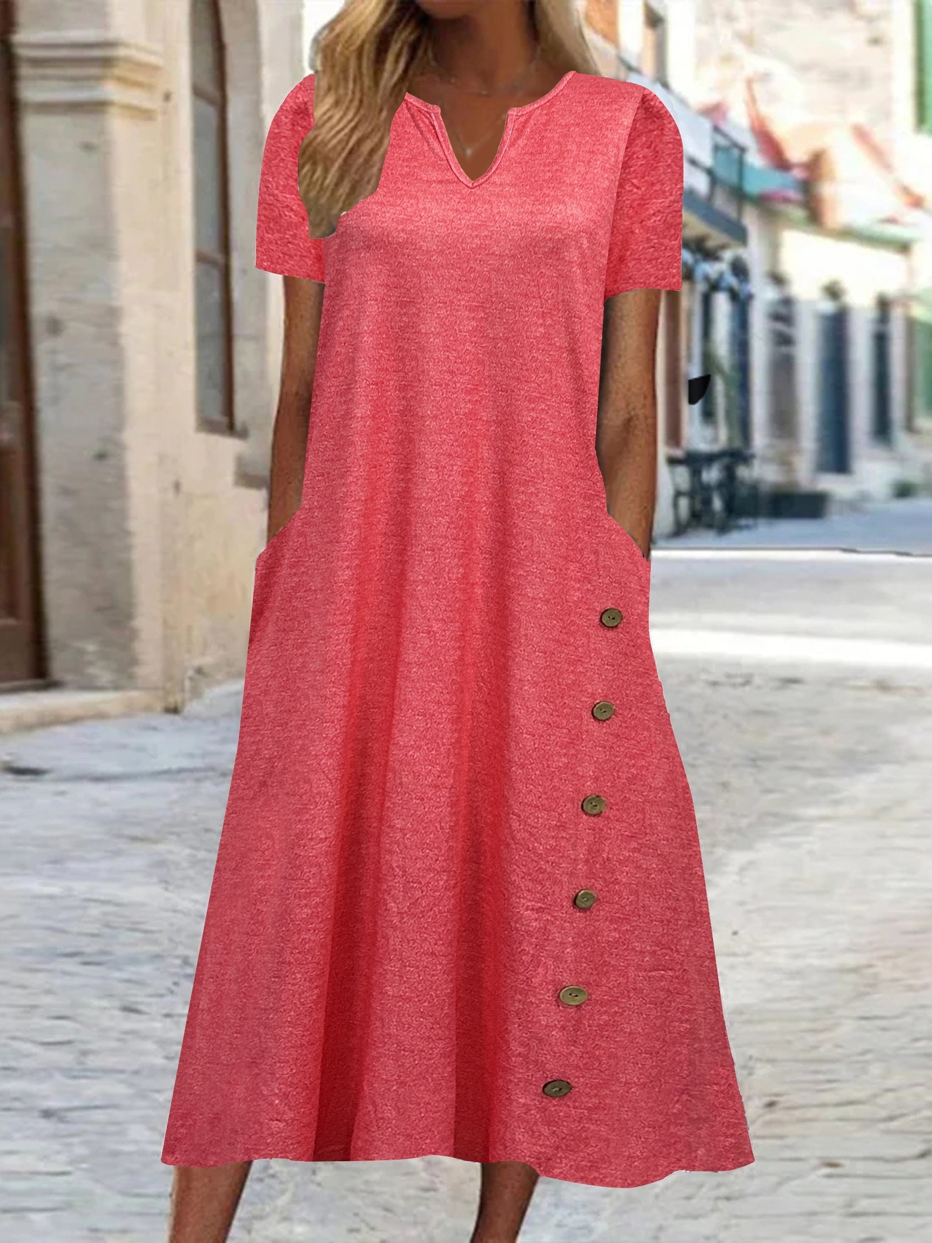 Solid Button Short Sleeve Casual Dress