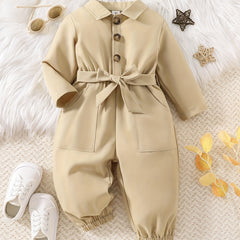 Baby Girls Casual Bodysuit Single Breasted Belted Long Sleeve