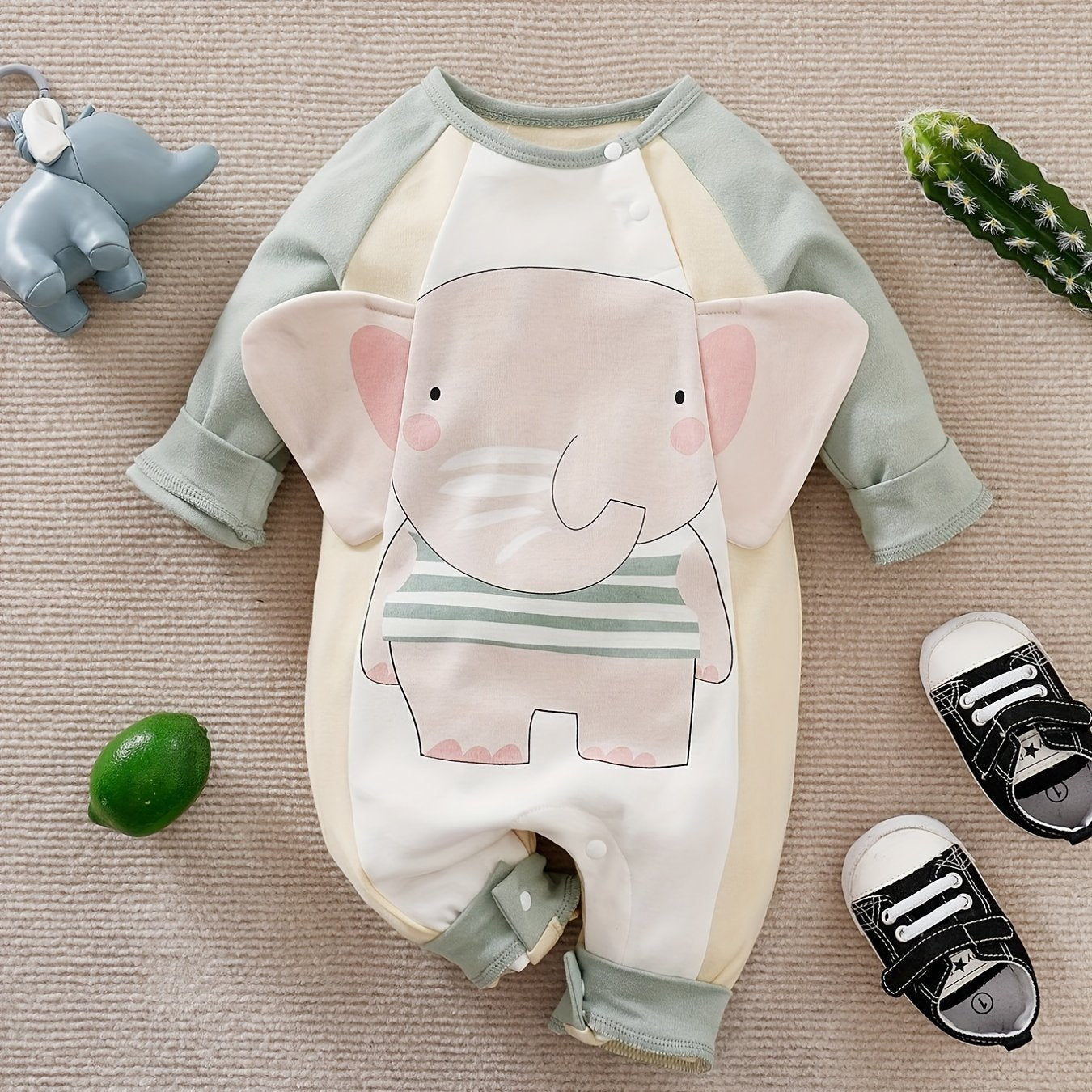 Elephant Long Sleeve Button Up Cotton Baby Bodysuit For Spring