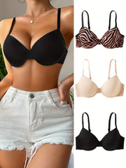 3 Pcs Push Up Bra Set Zebra Stripe Seamless Anti Sagging Lingerie