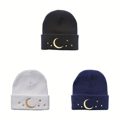 Moon Star Embroidery Beanie Hip Hop Knitted Hat Ear Protection Winter Hat