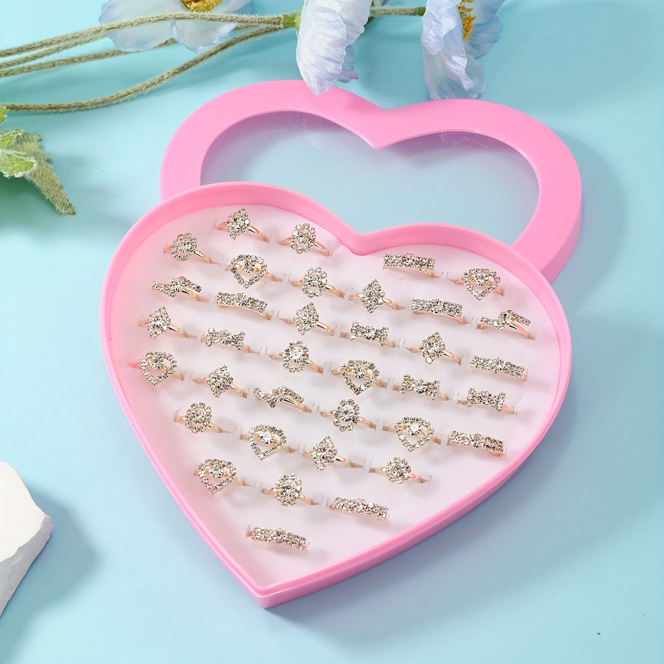 36pcs Girls Rhinestone Rings Set for Kids Gifts