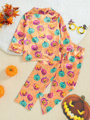 2pcs Boy's Pumpkin Pattern Satin Pajamas Halloween Style PJ Set