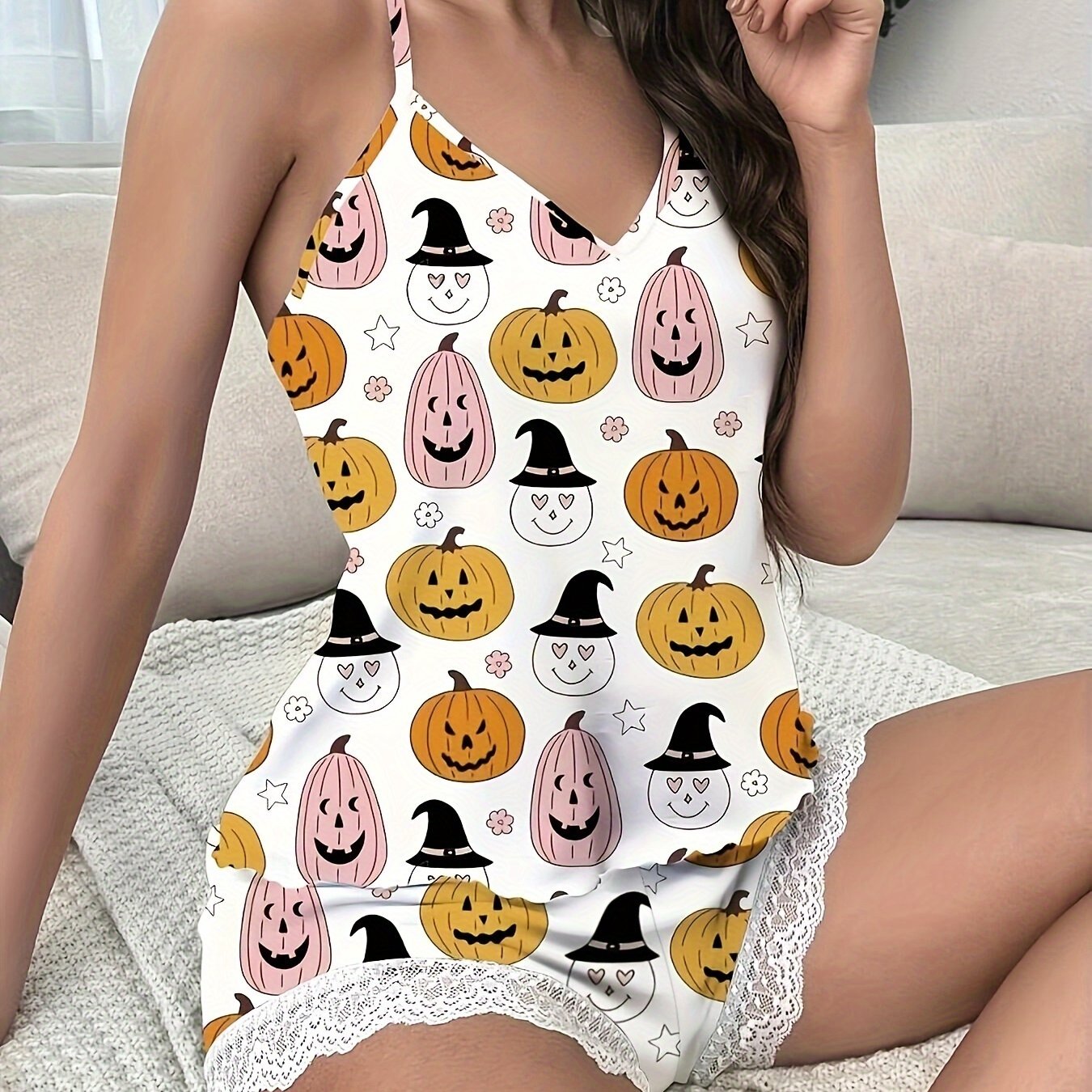 Cartoon Print Pajama Set V Neck Cami Top & Elastic Waistband Shorts