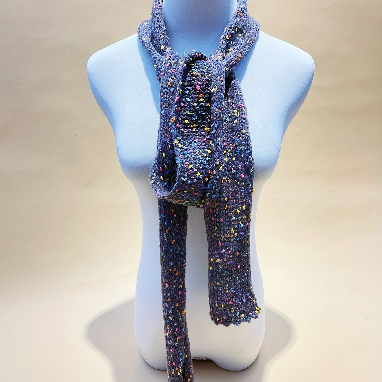 Gray Dotted Thin Scarf Solid Knitted Neckerchief Long Narrow Neck Scarf