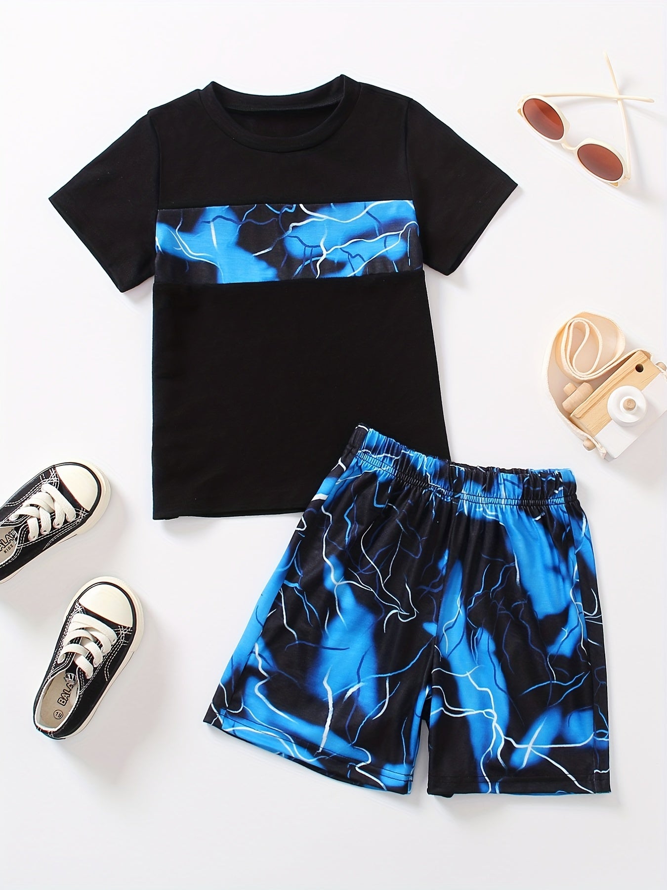 2pcs Boys Lightning Graphic Tee&Shorts Set Summer Kids Clothing