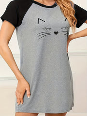 Cat Print Raglan Sleeve Tee Sleep Dress