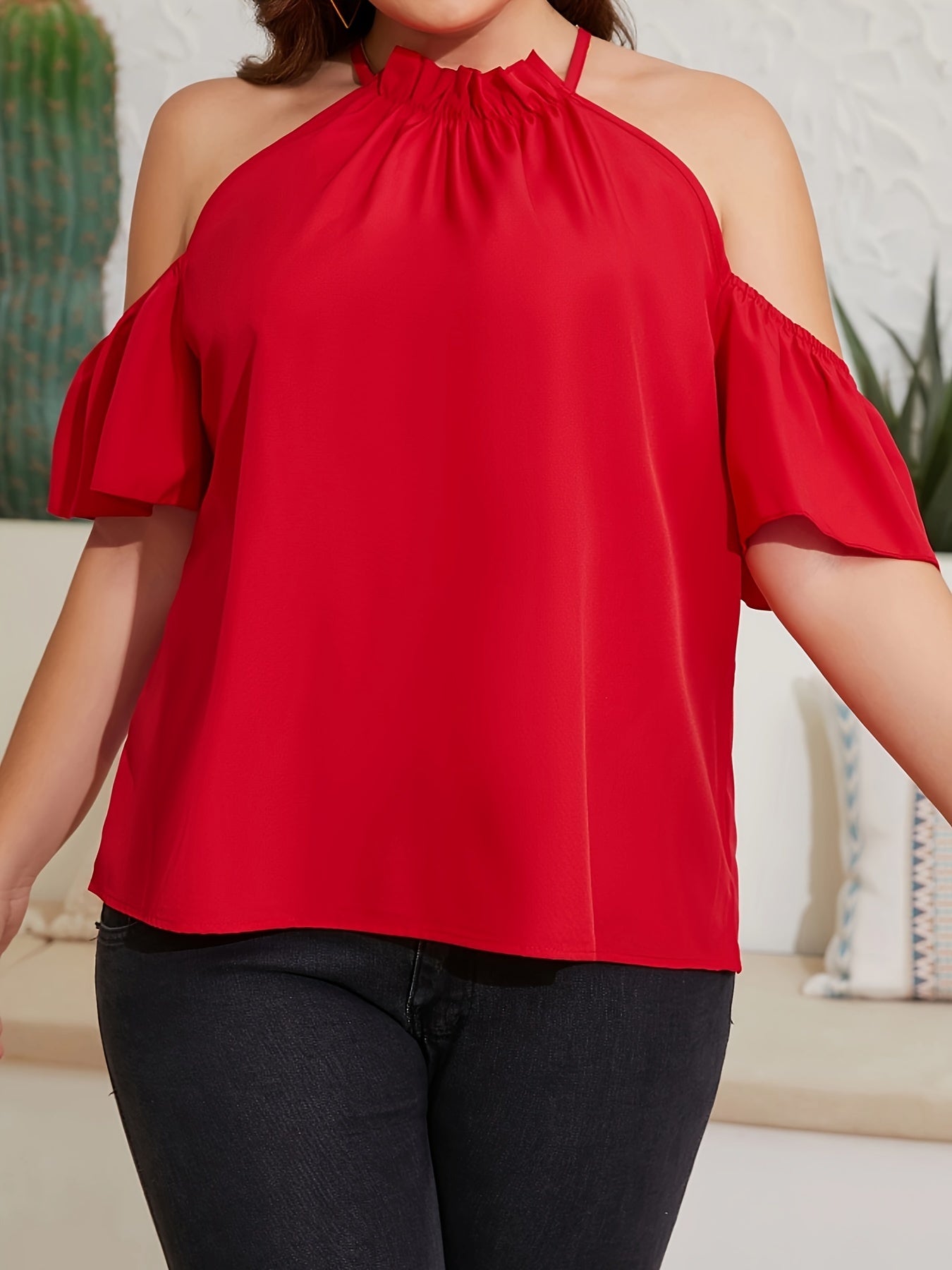 Cold Shoulder Butterfly Sleeve Halter Neck Blouse